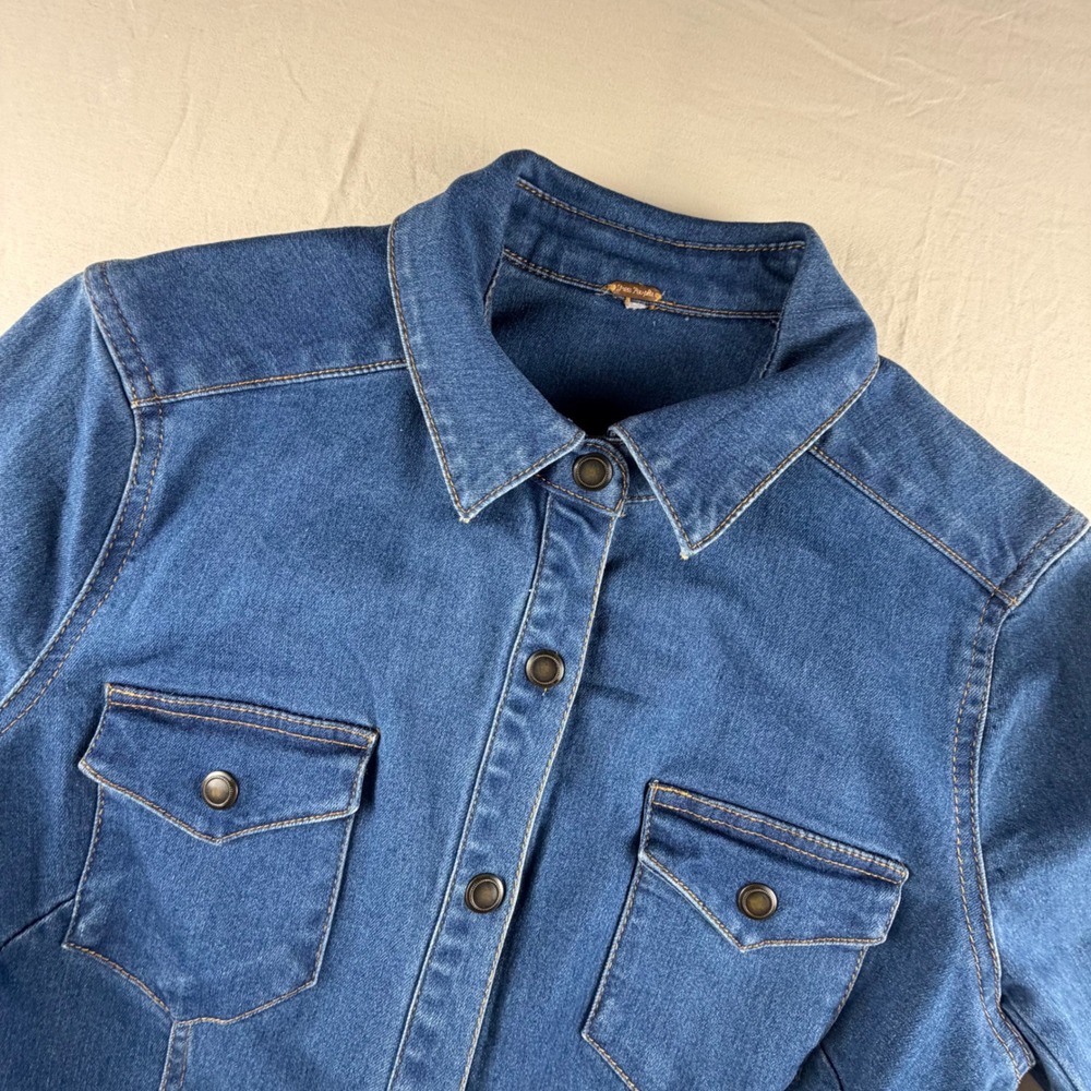 Free People Denim Mini Dress long sleeve Womens Small Button Down pockets 0219
